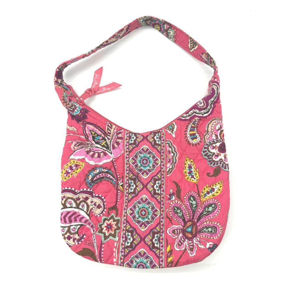 Vera Bradley Hot Pink Paisley Quilted Cotton Hobo Shoulder Bag Floral Zip Top